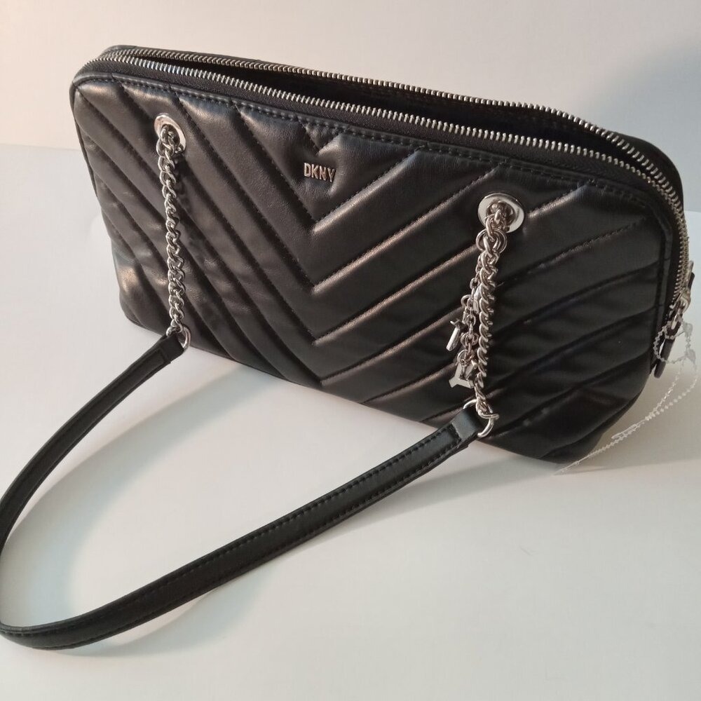 DKNY Black Chevron Quilted Faux Leather Shoulder Bag with Silver Logo Charm